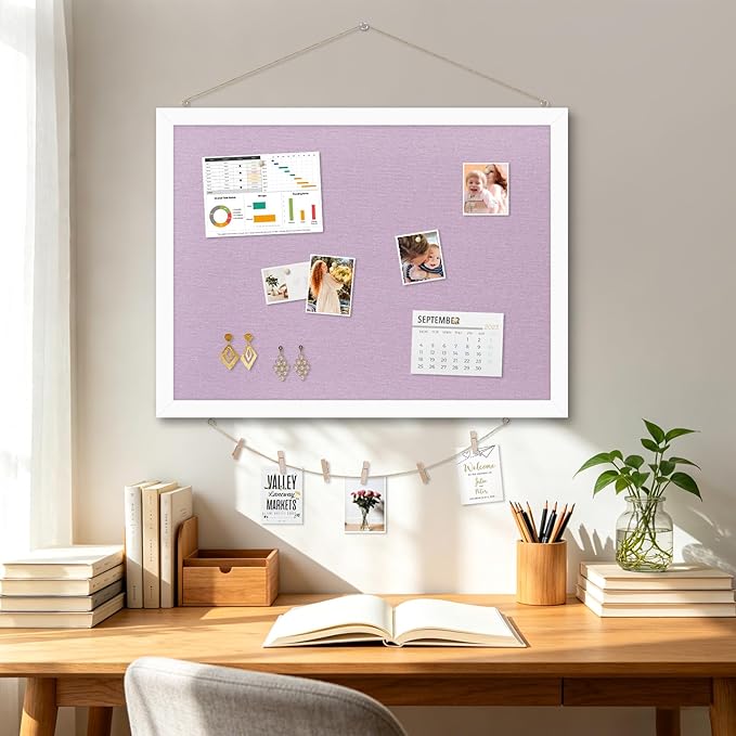 DOLLAR BOSS Bulletin Board with Linen Double-Sided 30" x 20" Linen Cork Boards for Walls Picture Display Vision Board for Office Home School Framed Picture Pin Board, 20 Pushpins 10 Clips, Purple