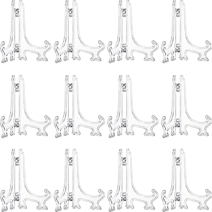 Boao 12 Pack Plastic Easel Stand Display Card Plate Stands Photo Holder Picture Frame Book or Other Items Easel for Weddings, Birthdays, Home Decoration, Tables(7 Inches,Clear)