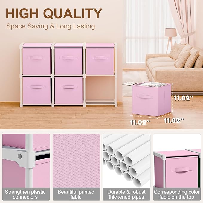 6 Cube Storage Organizer with Shelf Back to School Boxes 11 Inch Toy Storage Bins Closet Organizers Drawers Fabric Dresser for Playroom Books Bedroom Dorm Kitchen (Macaroon Pink)