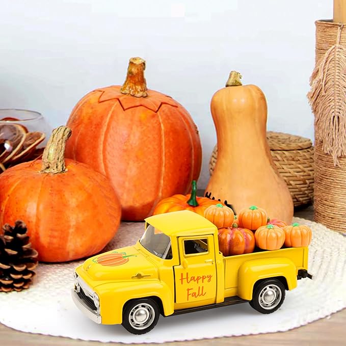 Fall Pumpkin Truck Decor Vintage Metal Truck with Pumpkins Ornament Cute Autumn Harvest Farmhouse Tabletop Tiered Tray Decoration for Thanksgiving Party Home Kitchen Office Tiered Tray Supplies