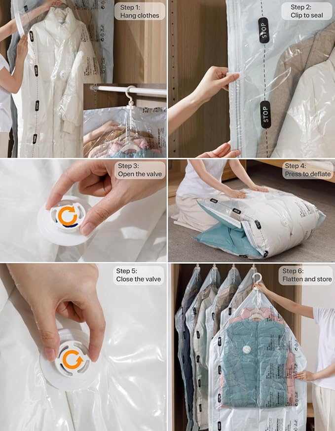 Vacuum Storage Bags for Clothing - NeatNest 6pack Space Saver Garment Bags with Hangers, 3 Medium + 3 Large, Vacuum or Hand Press Compression, Airtight for Closet Organization