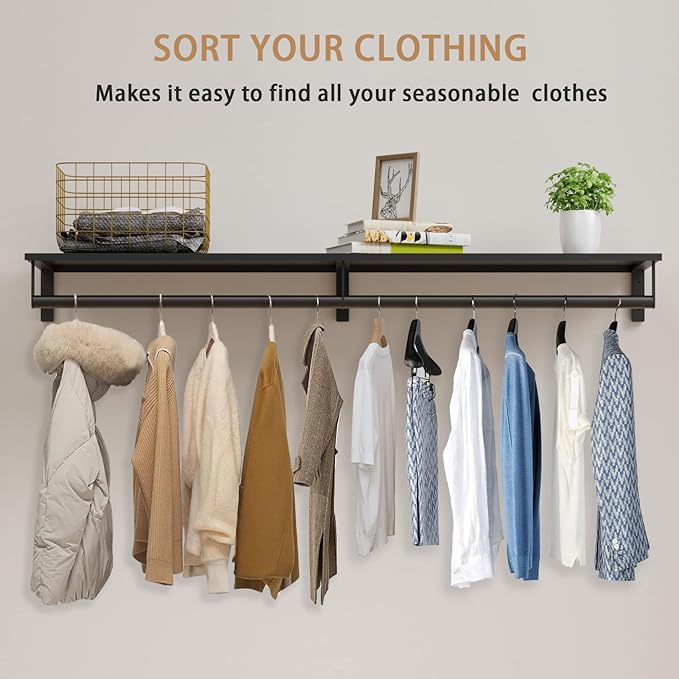 Wall Mounted Clothes Rack with Top Shelf, 46.5'' Industrial Clothing Rack Heavy Duty, Metal Shelf with Hanging Rod, Garment Rack Laundry Room Shelves, Space Saving