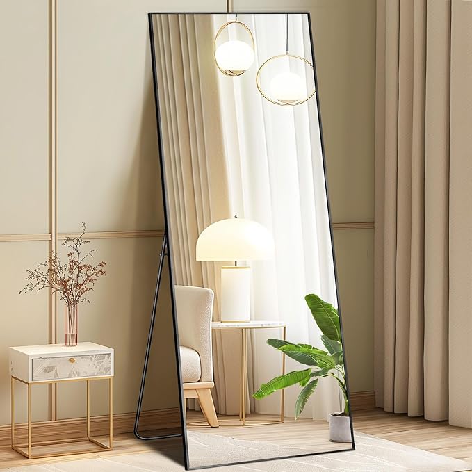DUMOS 19"x58" Full Length Mirror with Stand, Floor Standing Aluminum Frame, Shatter-Proof Nano Glass for Bedroom, Living Room, Cloakroom – Modern Simple Home Decor,Can Be Hanging or Leaning, Black