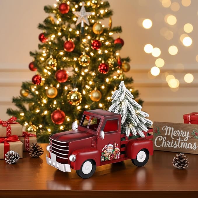 Threehoney Farmhouse Truck Decor 12.2 Inch Vintage Red Metal Truck with 16 Magnet Patriotic Table Decoration Summer Centerpieces for Home Kitchen 4th of July Holiday Interchangeable Seasonal Decor