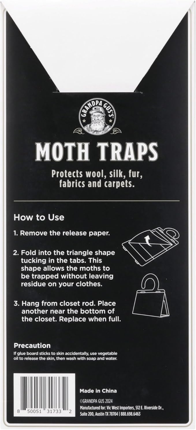 Grandpa Gus's Moth Traps for Clothes, Clothing Moth Killer for Closet and Wardrobe, Pheromone Glue Trap, No Mothballs, Safe for Kids and Pets, 6 Pack