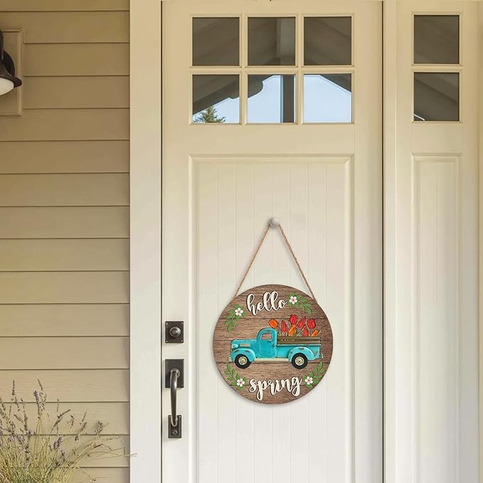 Harooni Hello Spring Blue Truck Welcome Sign for Front Door Spring Summer Wreaths for Front Door Tulip Flowers Pickup Wood Wreath Rustic Farmhouse Door Hanging Sign for Indoor Outdoor Decor 12 Inch
