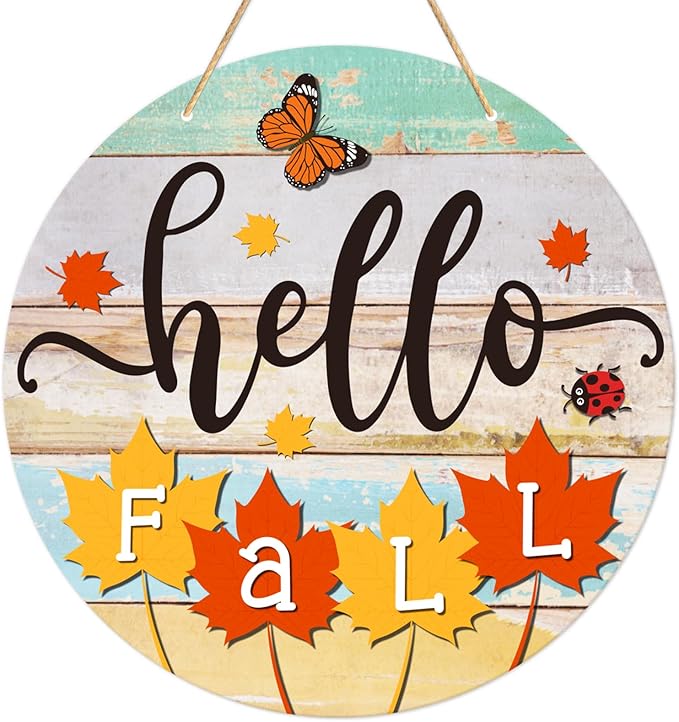 PETCEE Hello Fall Door Sign - 11.5" Farmhouse Maple Leaf Front Door Decor Welcome Hanger Wreaths for Home Office Autumn Fall Decor Wall Decorations Reusable Seasonal Sign for Kitchen Classroom Porch