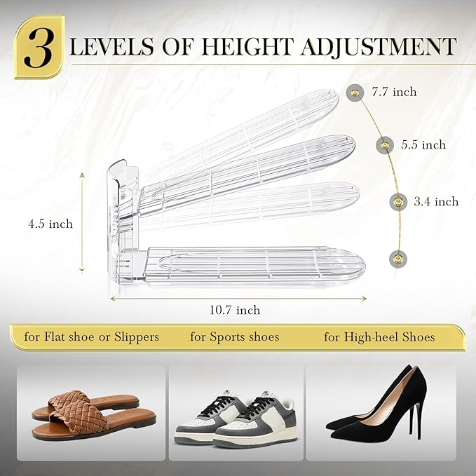 Shoe Slots Organizer 12 Pack - Shoe Stacker,3 Levels Adjustable,Space Savers 50%,Double Layer Holders for Closet (Transparent),Organizador de Zapatos