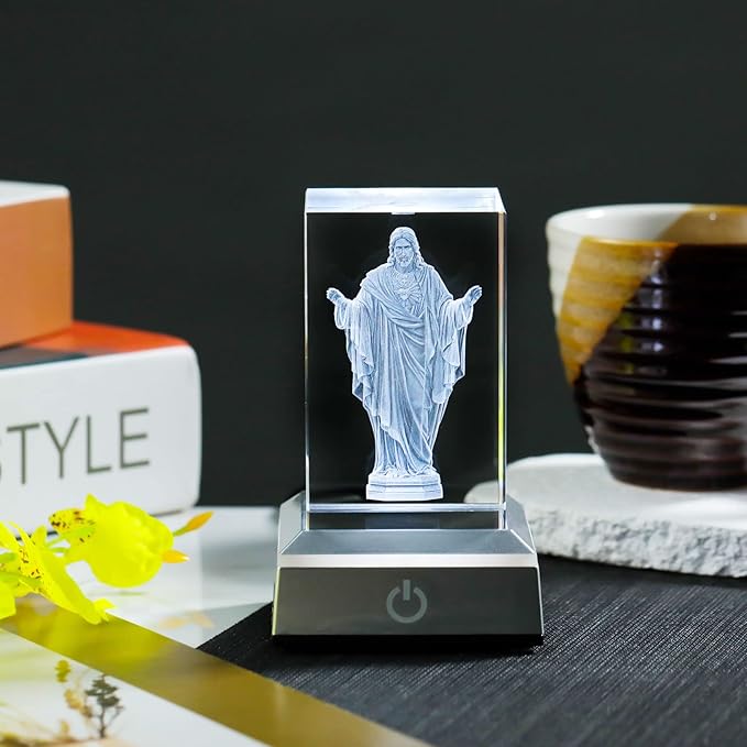 YWHL 3D Crystal Sacred Heart of Jesus Figurine with Colorful Light Base, Laser Engraved Classic Religious Statues Gifts for Women Men, Great Home Decor for Christian Catholic