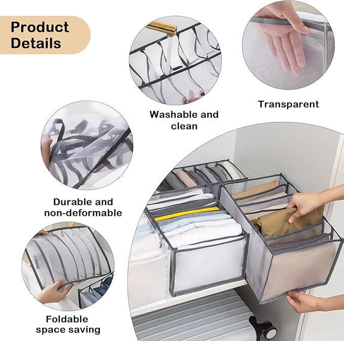 TIGARI Wardrobe Clothes Organizer, Drawer Organizers for Clothing, Closet Storage Organizer, Dresser Drawer Organizers for Thin Jeans, Trousers, T-shirts, Skirts (Gray,3 Pcs Large)