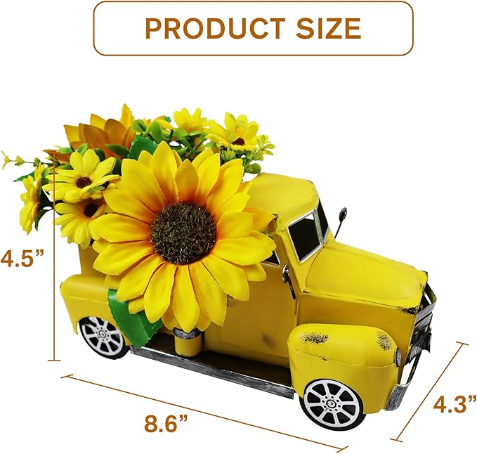 Metal Truck Decor with Artificial Flower Vintage Farm Pickup Farmhouse Tabletop Tiered Tray Decor, Rustic Farmhouse Decor for Table Top Decor Home Kitchen(Yellow)