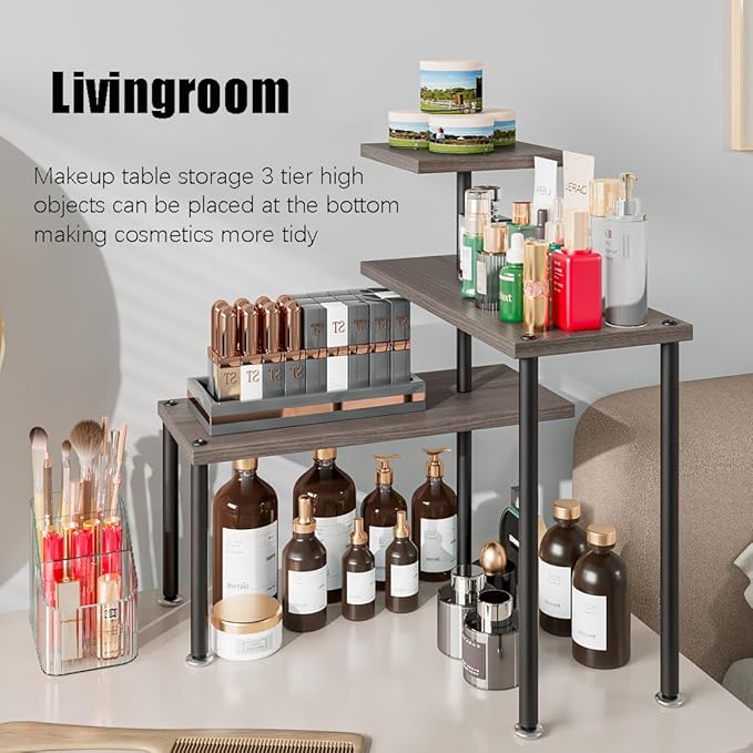 Countertop Organizer Organization 3 Tier Kitchen Corner Shelves Adjustable Spice Storage Rack for Bathroom Coffee Area Over Sink (Dark Gray Oak)