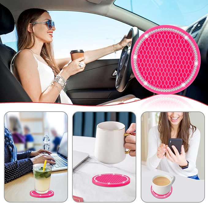 COCASES Car Coasters, 4 Pack Universal Vehicle Bling Car Coaster, Rhinestone Coaster for Cup Holders, Car Interior Accessories 2.75'' Silicone Car Coasters for Women(Hot Pink, White Crystal Circle)