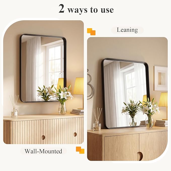 Sweetcrispy Bathroom Wall Mirror, 40x30 Inch Wall Mount Mirror for Over Sink, Modern Rounded Rectangle Vanity Mirrors with Matte Metal Framed, for Home Decor, Living Room, Bedroom, Black