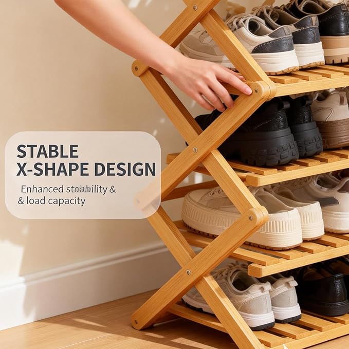 2/3/4/5/6/7/8/9 Tier Bamboo Folding Shoe Rack,2026 New Bamboo Foldable Shoe Rack,no Installation Required,Vertical Multi-Layered Organizer,Space-Saving for Entryways& Balconies (Primary Color, 3)