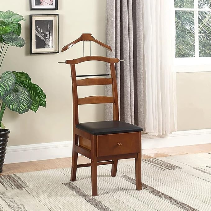 Chair Valet With Drawer,Wooden Suit Valet Stand With Contour Hanger,Trouser Bar & Tie Bar - Freestanding Clothing Organizer For Men & Women,Ideal For Office & Hotel