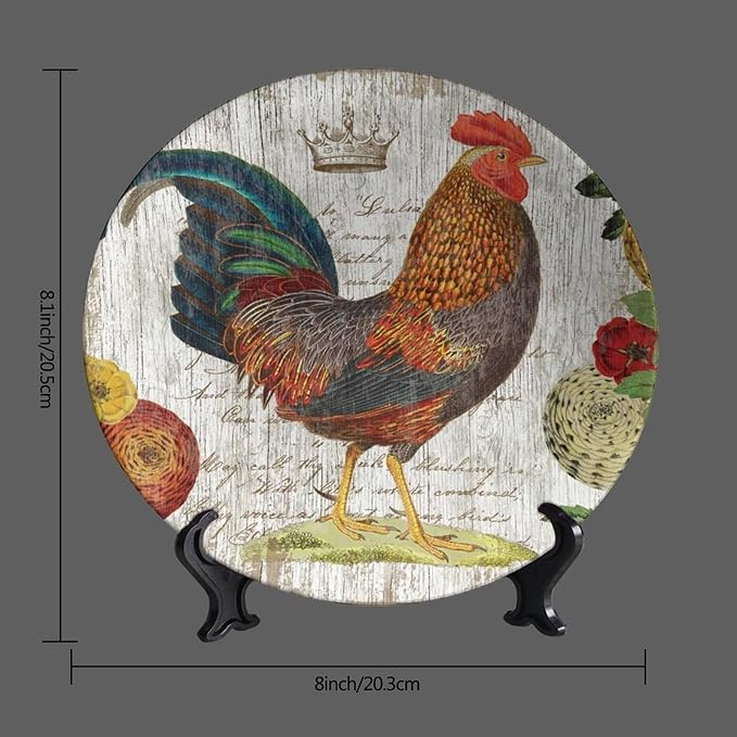 Rooster Decorative Ceramic Plates, 8 Inch, Crown Chicken In Flowers Round Display Plate, Decorative Plates with Stand, for Home Kitchen Bedroom Decorative Ornaments