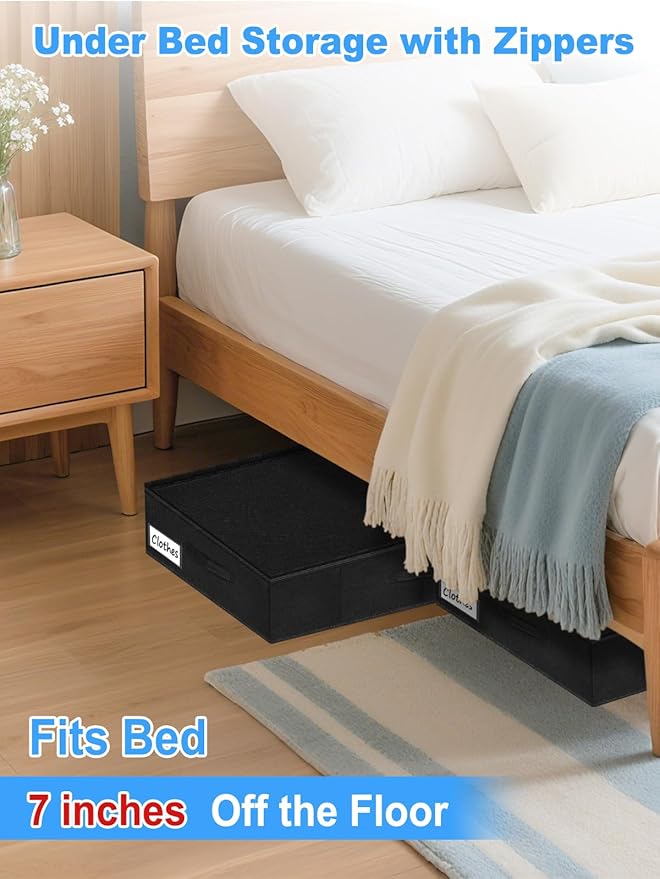 6.7-Inch Tall Under Bed Storage Bin with Zipper, Underbed Storage Container w/Rigid Sides & Bottom, Large Clothes Organizer Box for Bedroom, Dorm, Couch, Dressers, 30x15x6.7 Inches, Black