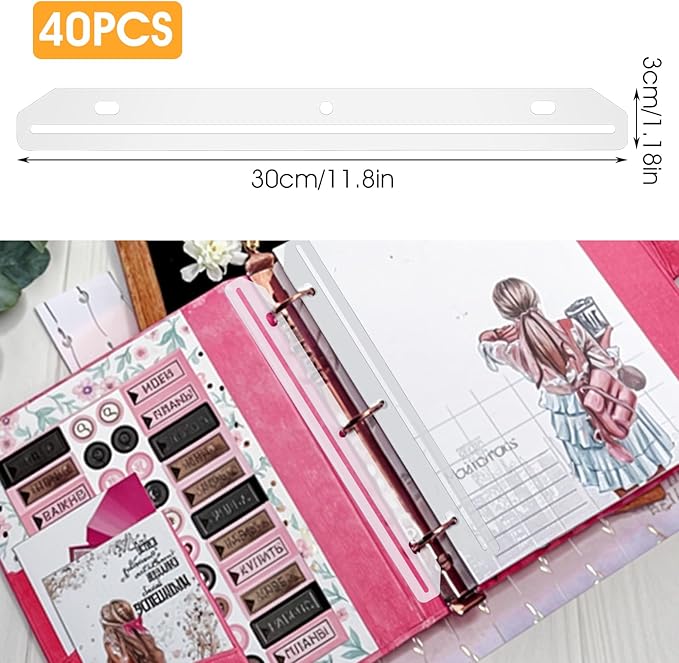 40 Pcs 3 Hole Punched Magazine Holders, Magazine Binder Magazine Organizer 3 Ring Binder Insert Strips for Magazine Storage Craft Paper File Book, Translucent White
