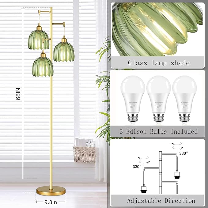 QIYIZM Gold Floor Lamp for Living Room,Bedroom,Mid Century Modern Standing Lamp Brass Tree 3 Light Tall Floor Lamps Vintage Retro Floor Lights Glass Green Flower Lamp Shade Farmhouse Boho Bohemian