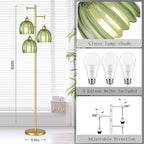 QIYIZM Gold Floor Lamp for Living Room,Bedroom,Mid Century Modern Standing Lamp Brass Tree 3 Light Tall Floor Lamps Vintage Retro Floor Lights Glass Green Flower Lamp Shade Farmhouse Boho Bohemian