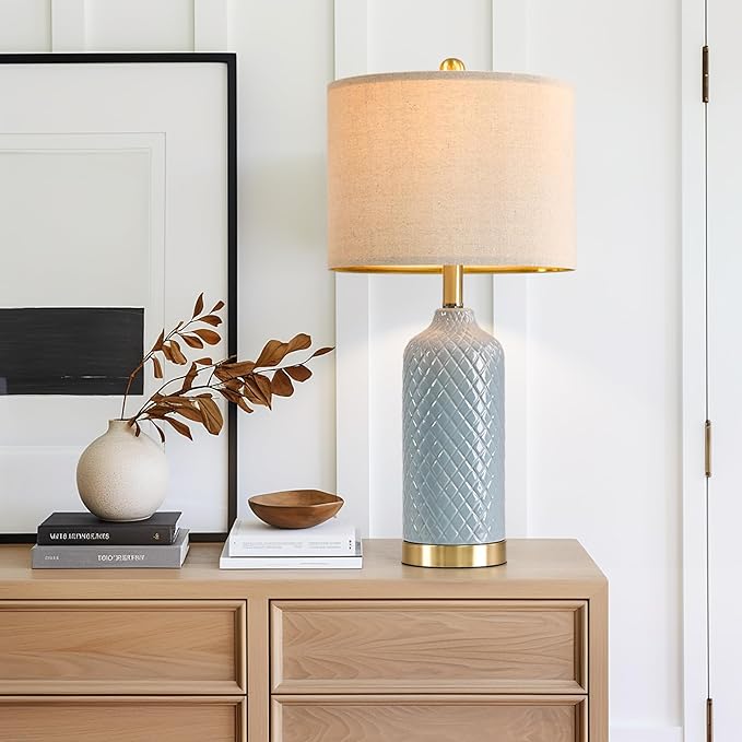 24.25" Modern Ceramic Blue Table Lamps Set of 2 for Living Room Bedroom Bedside Table Lamp for Night Stands Boho Nightstand Lamp Coastal Side End Table Lamps Reading Light Home Office Dorm Deco Gifts
