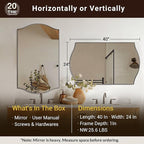 ANDY STAR Rectangle Scalloped Mirror, 24"x40" Polished Chrome Bathroom Mirror in SUS304 Stainless Steel Metal Frame, Silver Vanity Mirror with Unique Arched Top Design