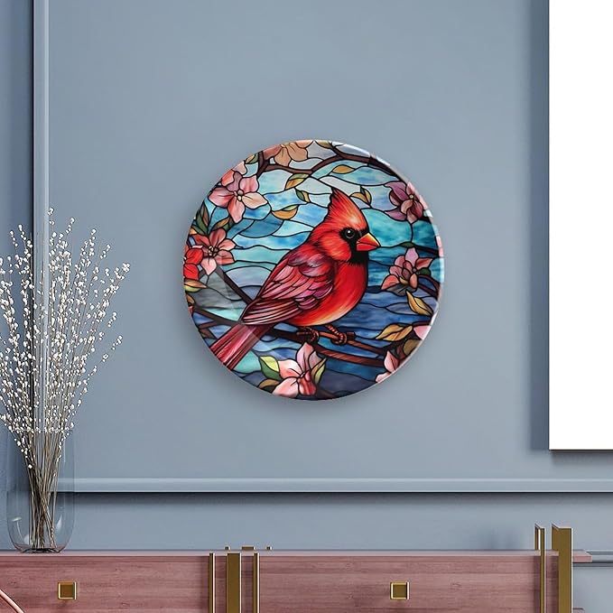 Decorative Plates, Cardinal Bird Colorful Stained Glass Painting Display Plate for Home Office Kitchen Table Decor Porcelain Plates 7 Inch, Gifts for Loss of Loved