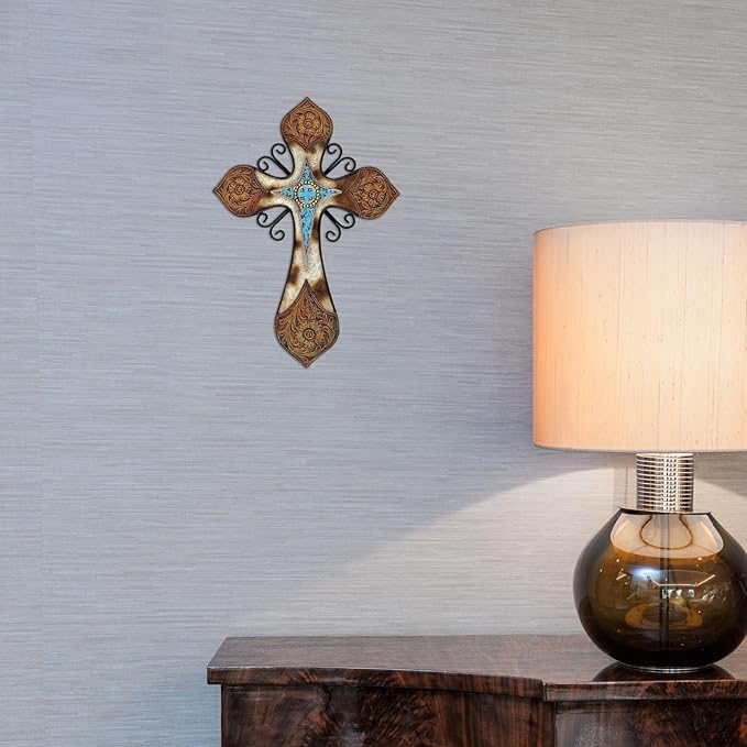 AMAJY Rustic Western Style Cowhide Faux Tooled Leather Wall Cross with Turqoise Center Piece and Floral Embossed Design Spiritual Wall art Southwest Decor