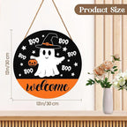 Halloween Door Decorations Cute Halloween Ghost Wreath Welcome Hey Boo Wood Hanger 12x12 Inch Farmhouse Holiday Wall Hanging Decorations for Home Porch Indoor Outdoor Party Supplies