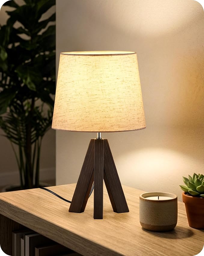 Tripod Table Lamp, 14.6 Inch Small Bedside Lamp with Beige Linen Shade & Dark Walnut Base, Modern Nightstand Lamp for Bedroom, Kids Room, Living Room, Nursery, Office, E26 Socket, VE51TL05