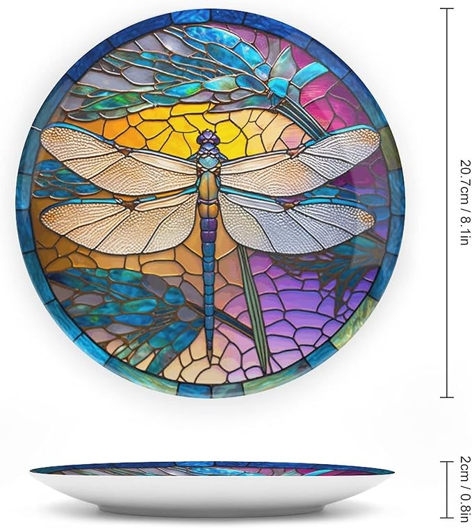 Decorative Plates, Stained Glass Window Design w/Dragonfly Display Plate for Home Office Kitchen Table Decor Porcelain Plates 8 Inch, Birthday Gifts