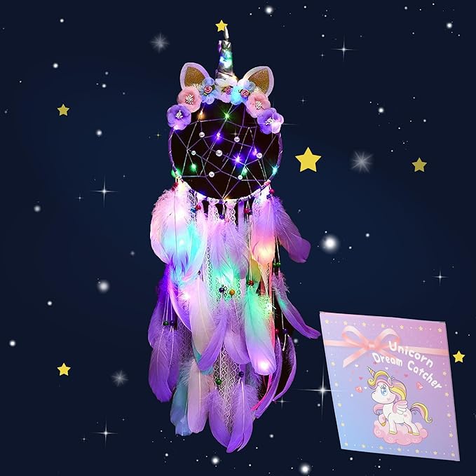 LED Lighted Up Unicorn Dream Catcher Wall Decor Colorful Feather Dreamcather Wall Hanging for Girls Kids Bedroom Decoration (Purple with Light)