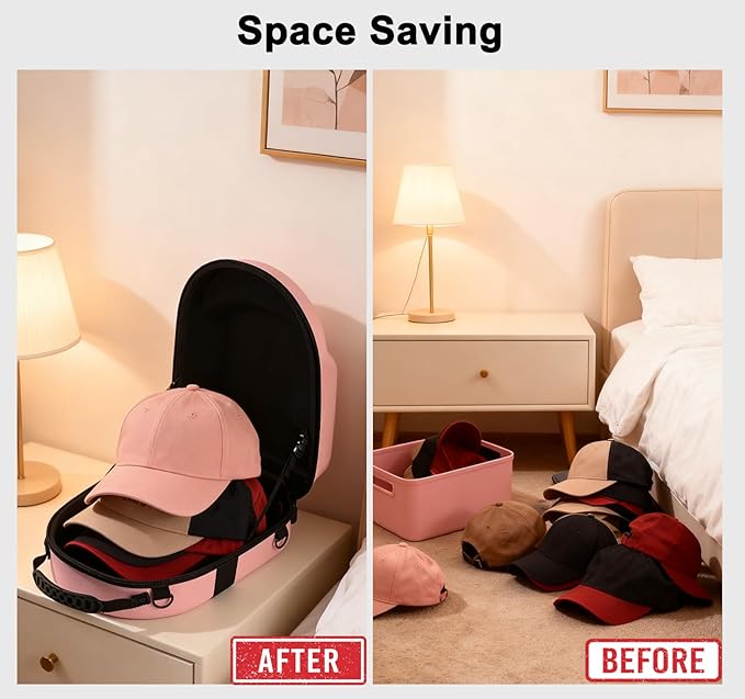 Pink hard hat box with handle and adjustable shoulder strap baseball cap storage box can effectively protect your hat and is suitable for travel and home storage