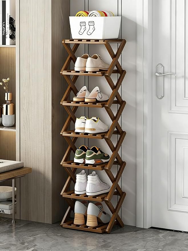 The 9-Tier No-Assembly Bamboo Rack, New Upgrade 9 Tier Bamboo Shoe Rack, Space-Saving Tall Narrow Accordion Shoe Rack for Entryway Closet Dorm (Brown-7)