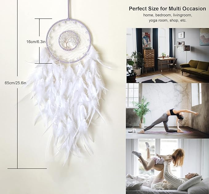 Dream Catchers, White Dream Catcher Tree of Life Wall Decor, with Natural Healing Crystal Stone, Perfect Rock Crystal Handmade Dreamlike Dream Catchers for Bedroom Decor Art Craft Gift