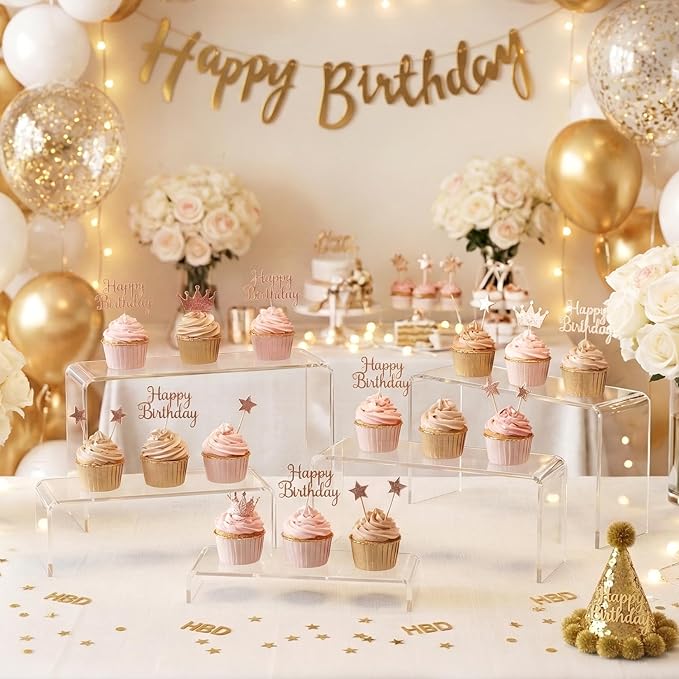 FUNFERY Acrylic Display Risers, 2 Set(7.8" L~8.2" L~8.6" L~9”L~9.3”L) Display Shelf for Figure, Collectibles, Cupcake, 5-Tier Clear Acrylic Stands for Dessert, Jewelry, Candy Showcase