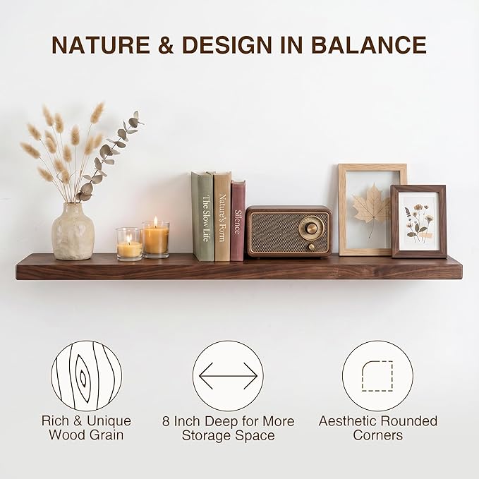 48 Inch Floating Shelves, Solid Wood Wall Shelves, 8 Inch Deep Floating Shelf – for Bathroom, Bedroom, Living Room, Kitchen, Home Decor & Storage, Heavy-Duty Wooden Shelf Wall-Mounted, Set of 1