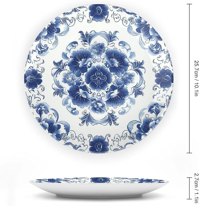 Floral Design Ceramic Decorative Plate, Chinese Style Decorative Dish with Stand, Chinese Blue And White Porcelain Bone China Decorative Plates Art Porcelain Plate for Living Room Hallway Table Decor