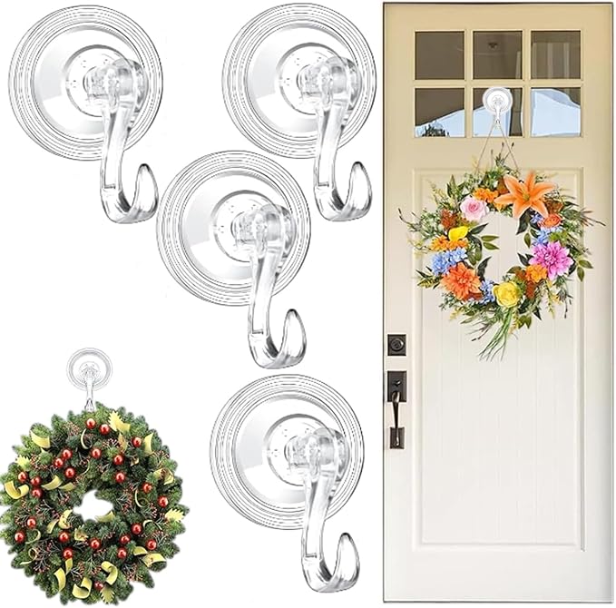 4Pack Wreath Hanger Hooks,Big Suction Cup Wreath Hooks for Halloween Christmas Décor,22 LB Heavy Duty Waterproof Removable Large Wreath Holder for Window Glass Smooth Doors Tiles Welcome Sign,Clear