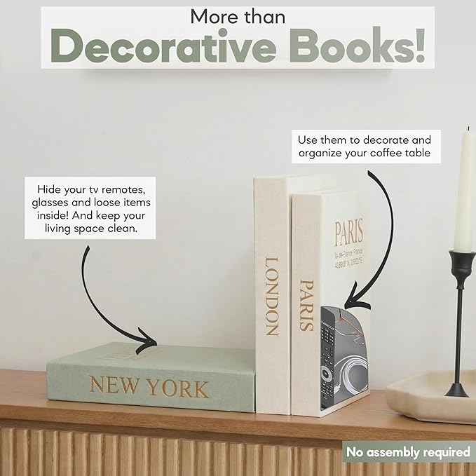 Faux Book Storage Box Set of 3—Green/Beige/Beige—Decorative Faux Books with Hidden Storage for Coffee Table Decor, Bookshelf or Mantle—Linen Decorative Boxes—Aesthetic Book Decor for Home