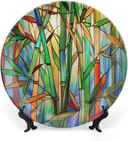 Stained Glass Theme Decorative Ceramic Plate Round Porcelain Plate,7 inch,Bamboo Pattern,for Decorative Ornaments Giving Plates, 1 Plate with 1 Display Stand,Green Blue Orange