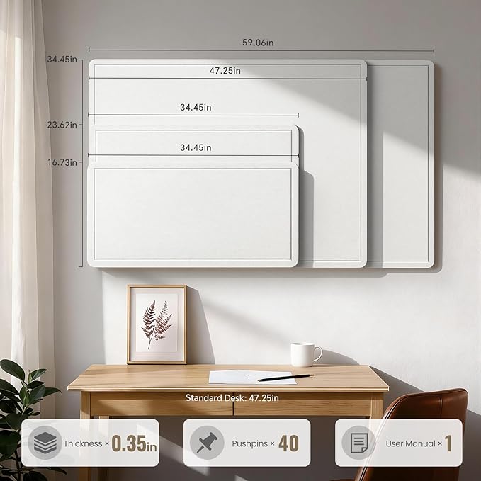 Large Bulletin Board, 48 X 35 Inches Felt Cork Board with 40 Pushpins, Foldable Felt Notice Pin Board Photo Display Board with Self-Adhesive Tape for Office Home School (White, 48x35 inch)