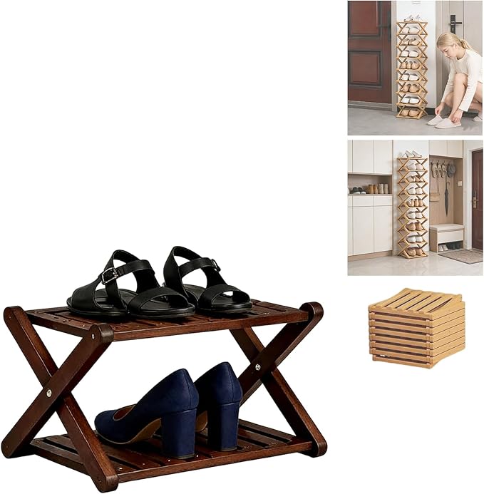 2/3/4/5/6/7/8/9 Tier Bamboo Shoe Rack - Foldable,No Installation Needed,Space-Saving Multi-Tier Storage for Indoor & Balcony Use (Brown,2 Layers)