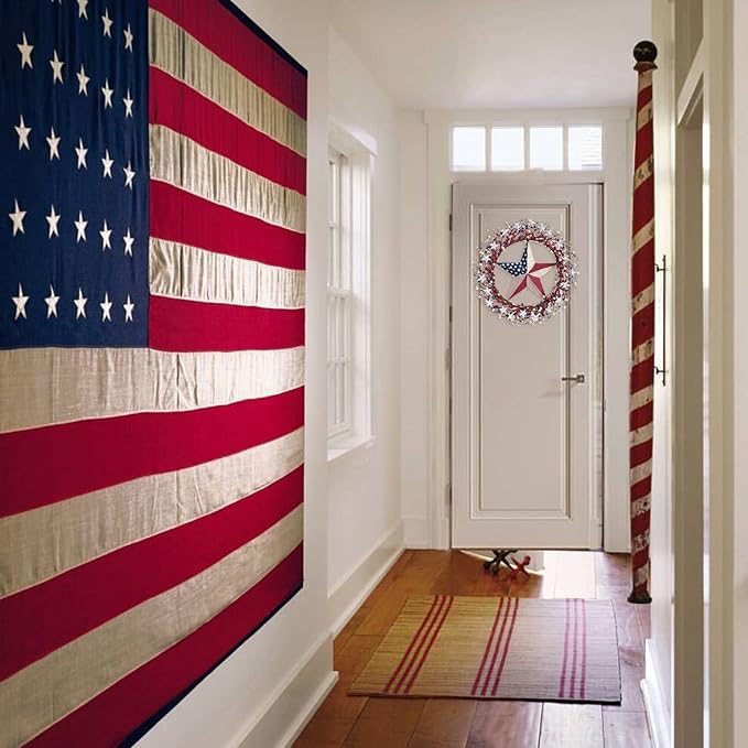 TEMPUS 18" Patriotic Wreath with Burlap Flag Star Artificial 4th of July Decor for Front Door, Indoor Wall & Gifting