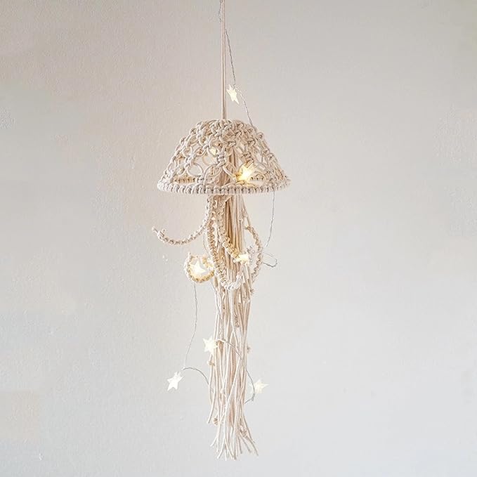 Macrame Wall Hanging,Jellyfish Dream Catcher with Star Lights,Bohemian Woven Wall Art Decor Beautiful Apartment Dorm Room Door Decoration (White)