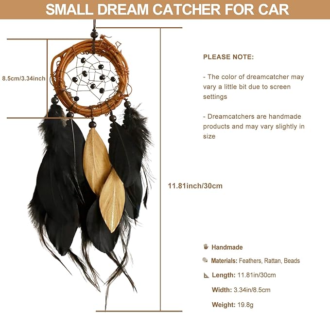 Mini Dream Catcher Car Rear View Mirror Accessories, Native American Car Interior Decor Charms Natural Rattan Black Feathers Wall Hanging Ornament for Men