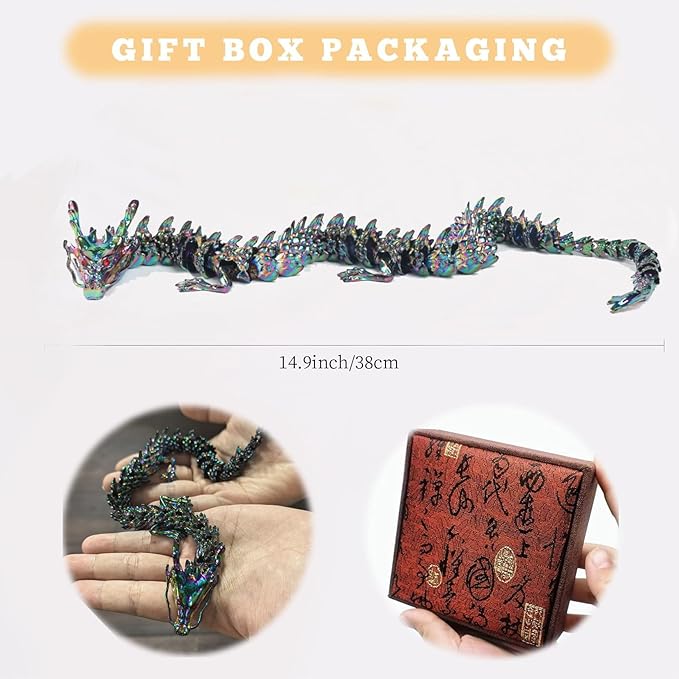 LIYAOLI Large Metal 3D Printed Articulated Chinese Dragon Figurine Statue Bookshelf Decor 15 Inch Three Color Flexible Joints Luck Dragon for Home Office Desk Decoration