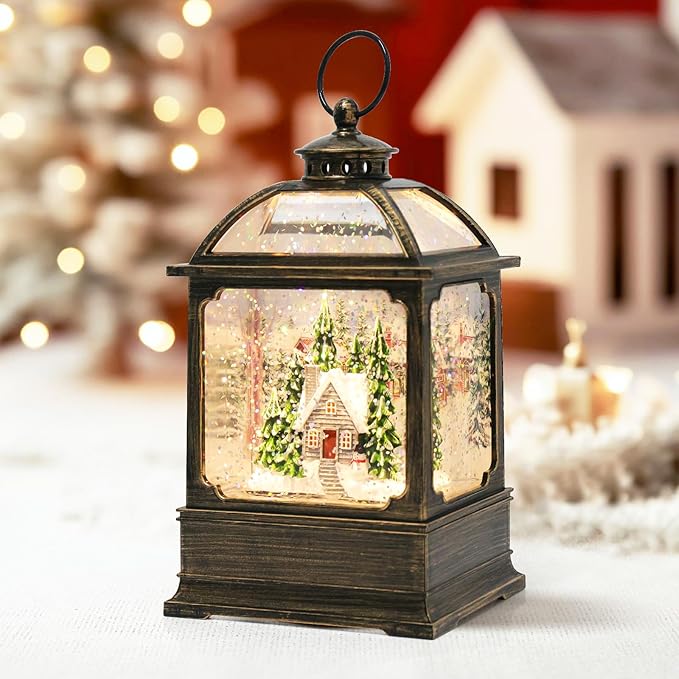 Christmas Snow Globe Lantern with 8 Music Songs & 6H Timer Water Snow Globe Lantern USB & Battery Operated for Christmas Festival Decorations Gifts (House)