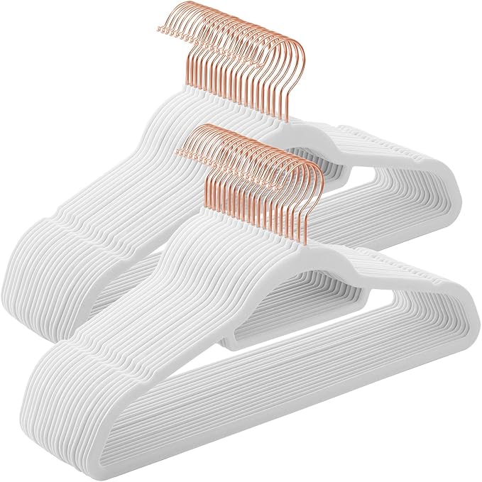SONGMICS Velvet Hangers, Set of 50 Clothes Hanger with Rose Gold Swivel Hook, Non-Slip, and Space-Saving, 0.2-Inch Thick, 17.1-Inch Long for Coat, Shirt, Dress, Pants, Tie, Cloud White UCRF021W02